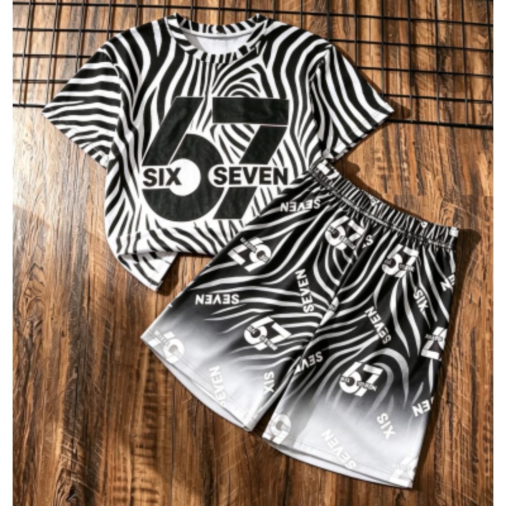 Kids Set Zebra Stripe 67 Number Printed Kids T-shirt and Shorts 2 Piece Set Summer Street Casual Outdoor Boy's and Girl's T-shirt Sets