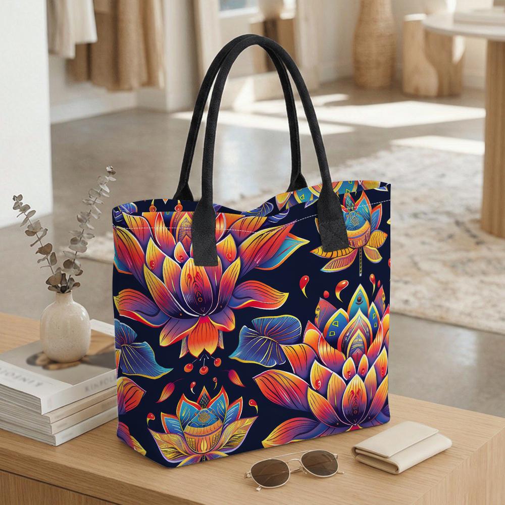  Lotus Print Tote Bag Casual Fashion Large Capacity Portable Shopping Shoulder Bag