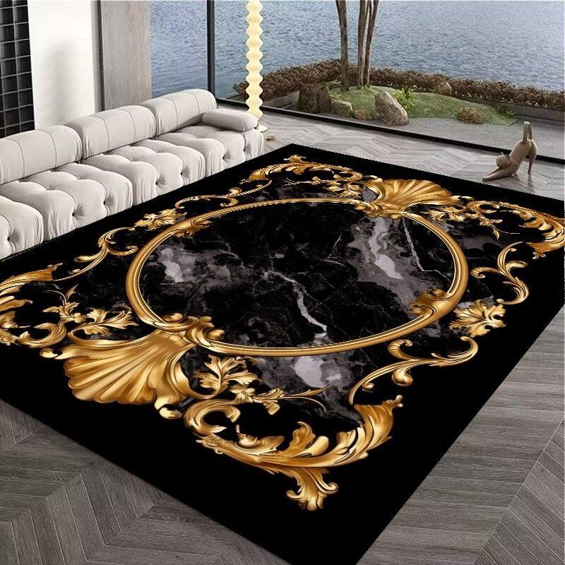 Alfombra Decorativa de Sofá para Interiores y Exteriores de Lujo Negra Incrustada con Oro Alfombra de Área para Mesas de Café Alfombrilla Suave Antideslizante para Niños
