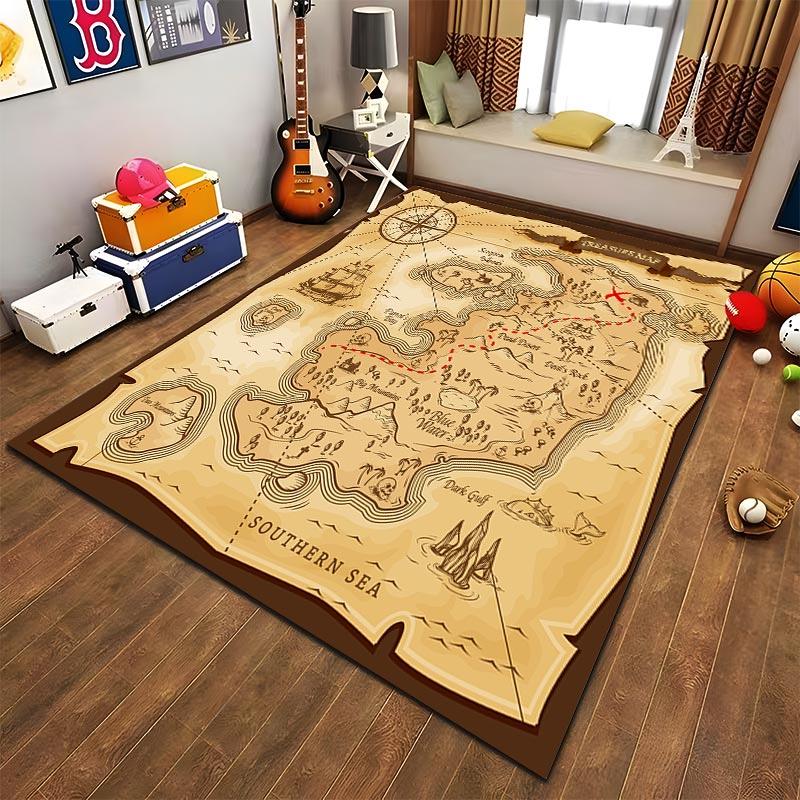Treasure Map Pattern Carpet for Living Room, Pirate Adventure Decor Suitable for Use As an Anti-slip for Living Room Bedroom Sofas