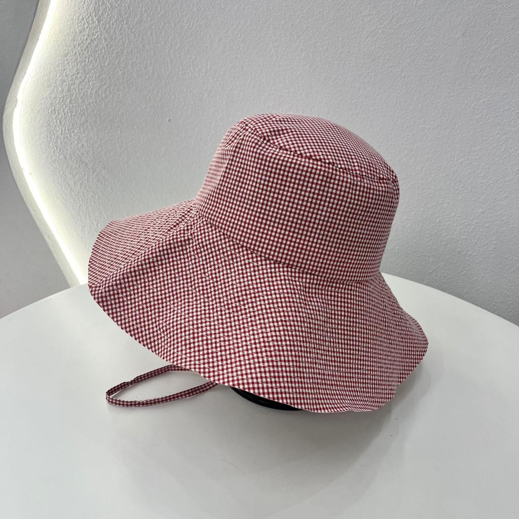 Big Brim Plaid Bucket Hat Women's Summer Travel Versatile Face Small Sunscreen Thin Hat Face Mask Sun Hat Tide