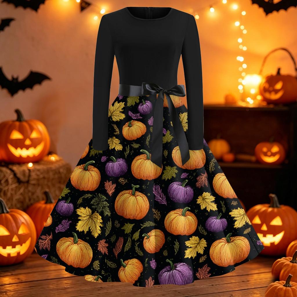 Women's Casual Long Sleeve Halloween Dress Fit and Flare Round Neck Dress with Printed Skirt and Waist Tie for Fall and Party