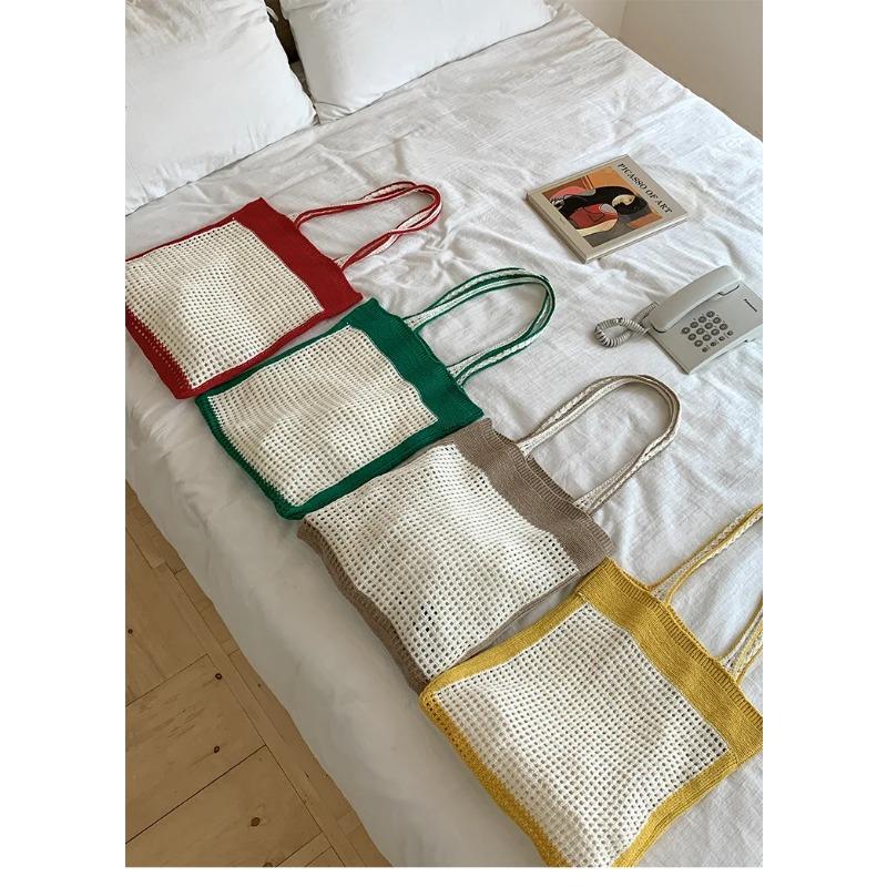 Simple Women's Vacati Beach Shoulder Bag Hollow Knitted Female Travel Tote Handbags Ctrast Color Portable Shopping Bags