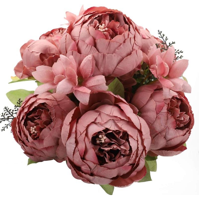 Faux Peony Bouquet 13 Heads Flowers Bud Vintage Artificial Peony 47cm Silk Flowers for Wedding Home Decoration,1pc