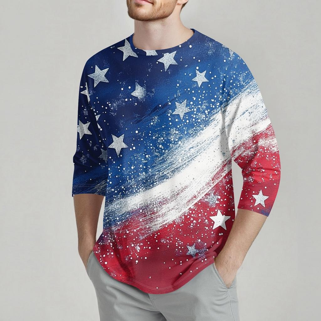 Herrenmode Lässiges T-Shirt mit Unabhängigkeitstag-Print am Hals und sieben Ärmeln