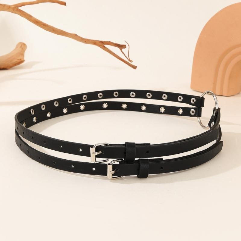 Grommet Waist Belt Punk Double Skinny Chain for Cowboy Grunge Buckle Modern Waistband Waist Chain Studded Belt