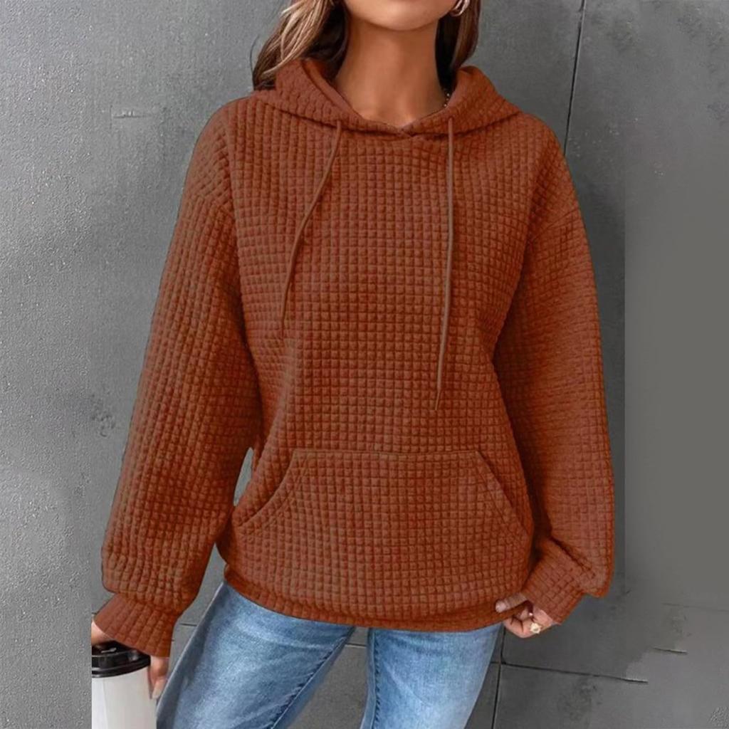 Women's Fashion Loose Hooded Pullover Long Sleeve Patchwork Plaid Sweat Drawstring Shoulder Strap Pocket Top