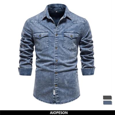 Cotton Men's Denim Shirts Double Pocket Solid Color Casual Male Cowboy Shirts Autumn Slim Fit Thin Shirts for Men New