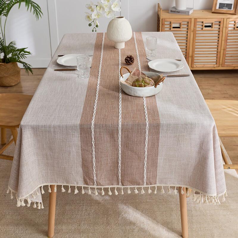 ZISIZ Striped Cotton Linen Tassel Tablecloth