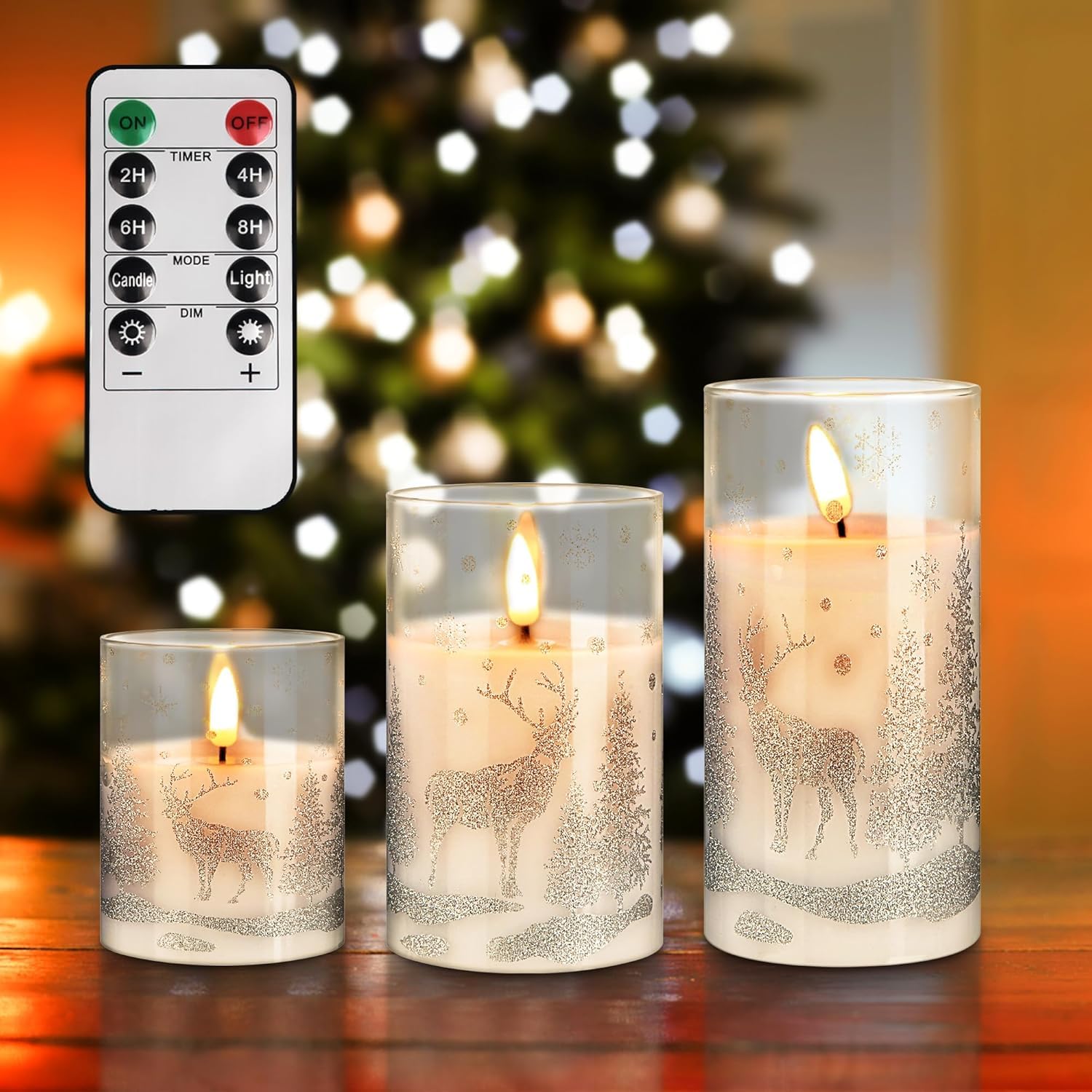 

Goldprice Christmas LED Candle Lights, Clear Glass White Candles, Flickering Like a Real Flame, Set of 3, Warm White Light, Flameless, Flicker-Free,