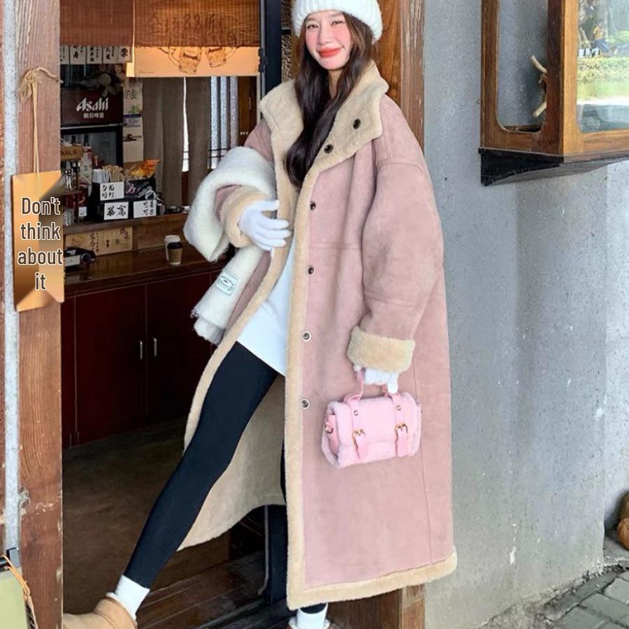 Women's Pink Elegant Long Lambswool Coat - 2025 Korean Style Autumn/Winter Slimming Jacket