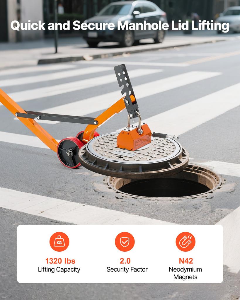 VEVOR Magnetic Lid Lifter Dolly, 600 Kg Pulling Capacity, Steel Dolly with Heavy Duty Magnet Lift and 2 Wheels, Adjustable Handle, N42 Neodymium