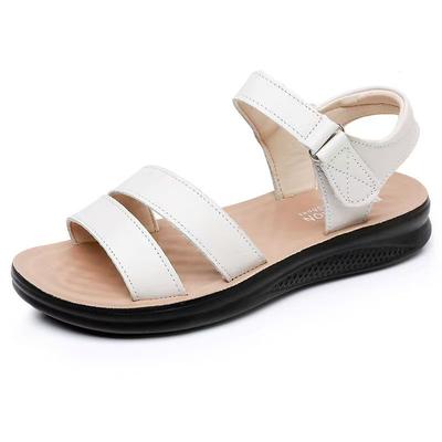 Damen Sommer Neue Leder Sandalen mit offenen Zehen und flacher Sohle, weiche Sohle, rutschfest, leicht, Klettverschluss, Sandalen für mittlere und ältere Menschen