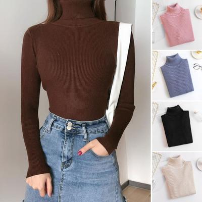 Women Bottom Sweater Turtleneck Long Sleeve Slim Fit Knitting Tops Solid Color Ribbed Tops Daily Wear