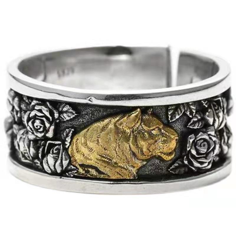 

New Men s Domineering Ring Tiger Sniffing Rose Retro Hip Hop Open Index Finger Ring 13