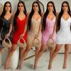 C6209 Damenmode Einfarbig Pailletten Ärmellos V-Ausschnitt Rückenfrei Kleid