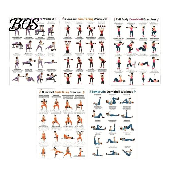 Body Sculpting Exercises 5Pcs Dumbbell Workout Poster, Home Exercise Chart for Arm Leg Hip Core, Full Training Guide Wall Art Routine Beginners 5pcs