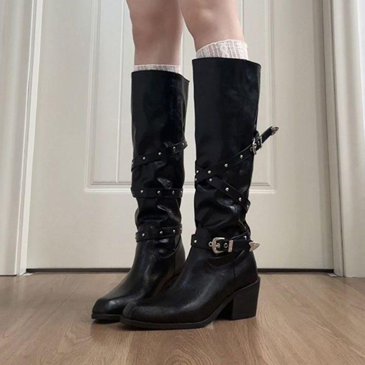 2025 new thick heel rivet belt buckle boots women's autumn and winter spice girl knight boots tall boots western cowboy boots