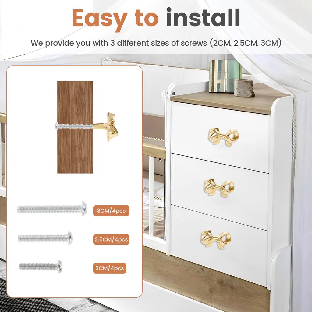 4Pcs Bow Knobs Brass Bow Shaped Drawer Knobs Decorative Gold Bow Pull Handles with Screws for Home Office Cabinet Closet