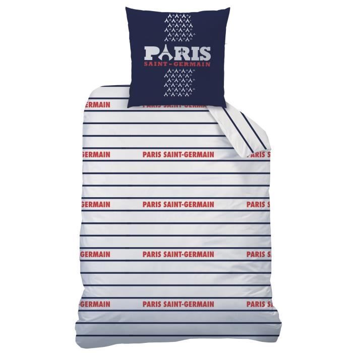 Parure de lit PSG LOGO 100% coton - CTI - 140x200 cm - Bleu - Imprimé - Réversible