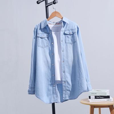 Camicia da donna in denim, casual, con tasche spesse, monopetto, abbottonata, con risvolto, a maniche lunghe