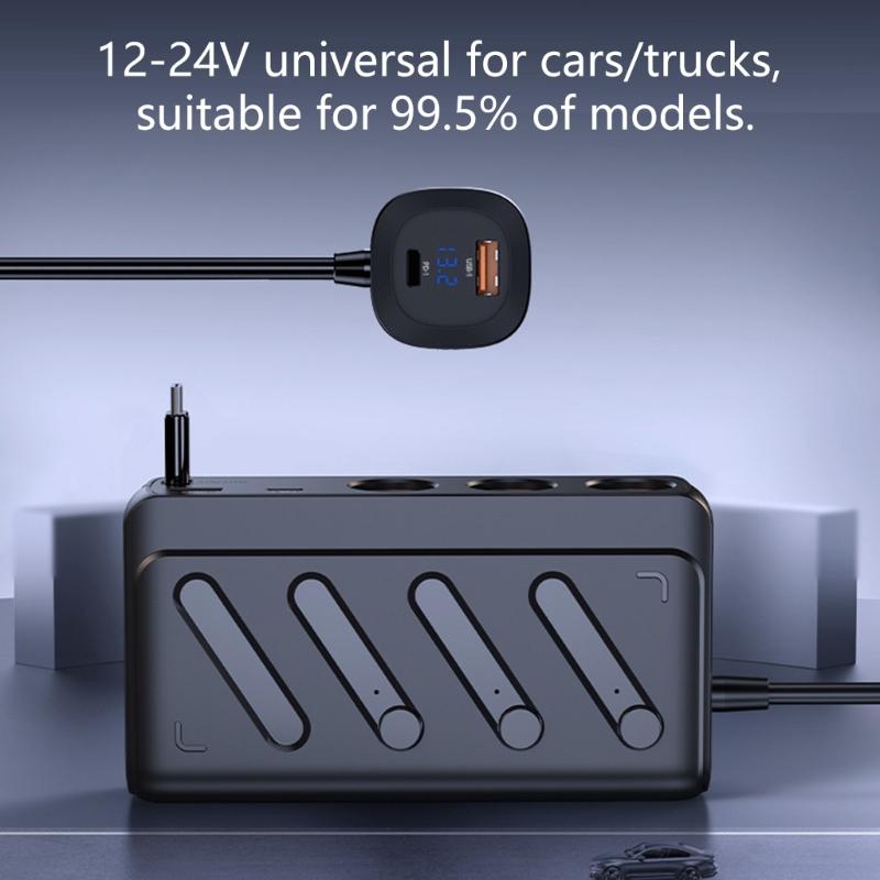 Strong ABS Construction 3 Socket Car Chargers Adapter 187W Featuring PD45W 3.0 Fast Charging and Independent Switches
