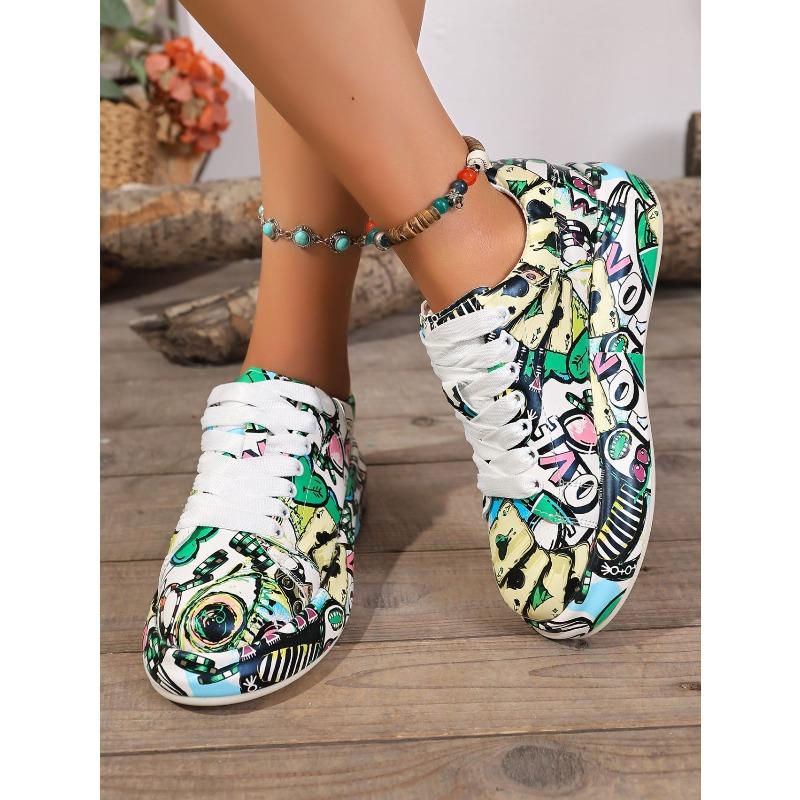 2025 New Arrival Oversized Sneakers with Colorful Letter Prints, Thick Soles, Lace-Up Round Toe, Sporty Style Women's Shoes