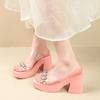 Fashion Square Heel Sandals Summer New Square Head Sequin Waterproof Platform Transparent Strap Anti-slip Wear-resistant High Heels
