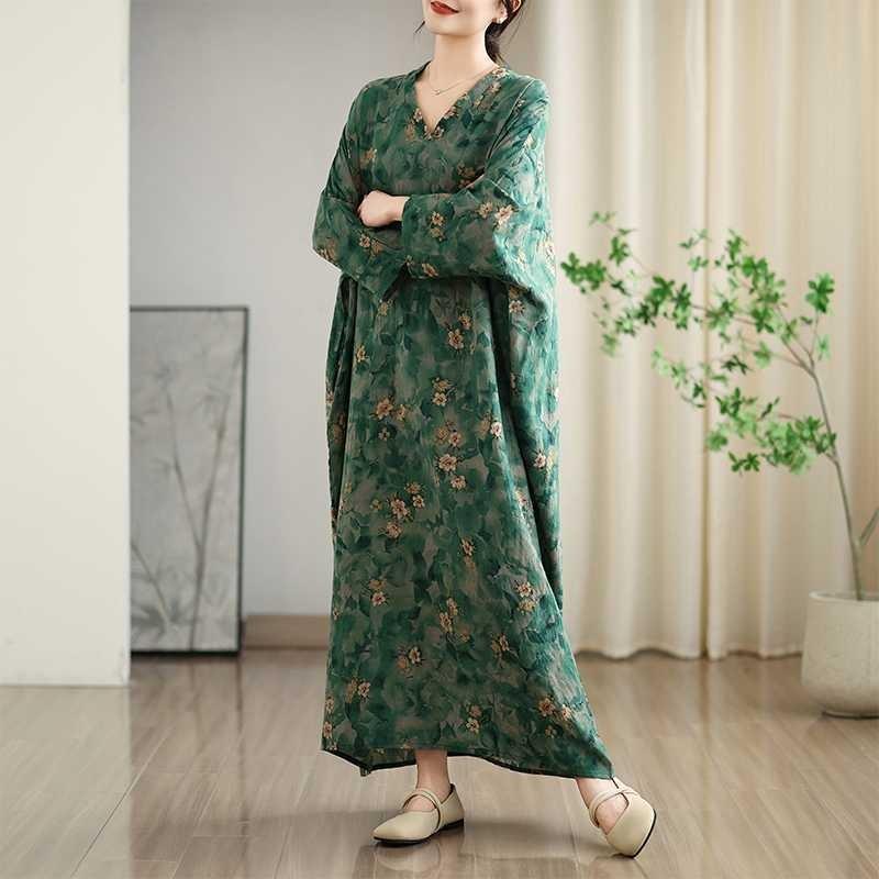 Women's Early Fall Floral Print Neck Maxi Dress Vacation-Ready Boho Chic Loose Fit Linen Blend for Comfort