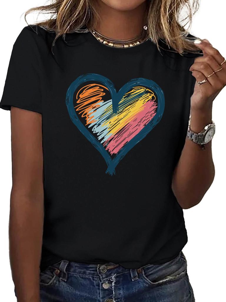 Soft T-shirt for women with a bright design painted to Unisex in the shape of a heart casual comfortable with round collarshirt