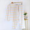 2025 Spring/Summer New Women's Pajama Set 100% Cotton Crepe Collar Love Plaid Long Sleeve Long Pants Home Clothing Set Ladies