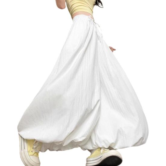 Women Pants Elastic Waistband Adjustable Drawstring Wide Leg Bud Skirt Pants with Pockets Pure Color Loose Fit Summer Pants Daily Wear