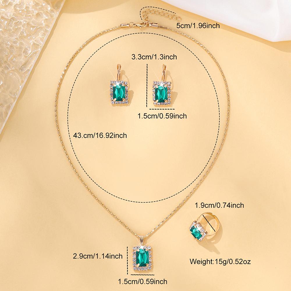 4 Piece Set Women Fashionable Temperament Circular Green Crystal Necklace Bracelet Earring Ring Combination Versatile Exquisite