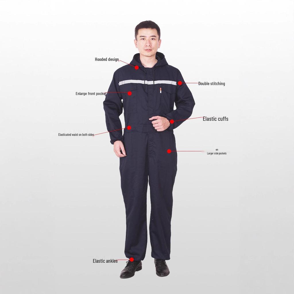 Men's Reflective Polyester-Cotton Jumpsuit with Hood - Breathable, Wear-Resistant, Ideal for Spring & Autumn Repair Work.