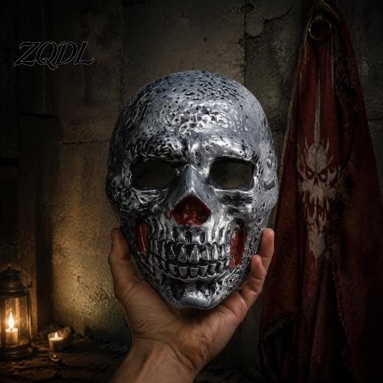 Masquerade Party Accessories Retro Distressed Silver Skull Mask for Halloween, Flexible PU Foam Horror Realistic Role Play with Adjustable Elastic