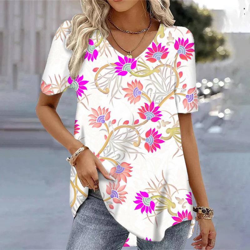 Frühling Vintage Damen V-Ausschnitt Kurzarm T-Shirt für Frauen Lose Tops 3D-Druck Sommer Tees Shirts Übergroße weibliche Kleidung