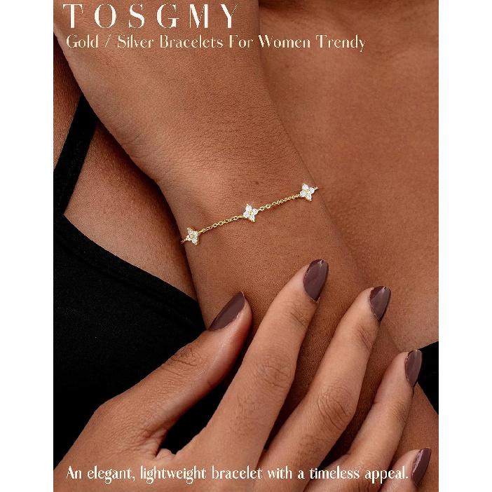 Delicati Braccialetti Argento Oro per Donne alla Moda Non Macchiabili Placcati Oro 14K Carino Braccialetto Quadrifoglio Impilabile Margherita Zirconia Cubica Diamante Braccialetto Charm