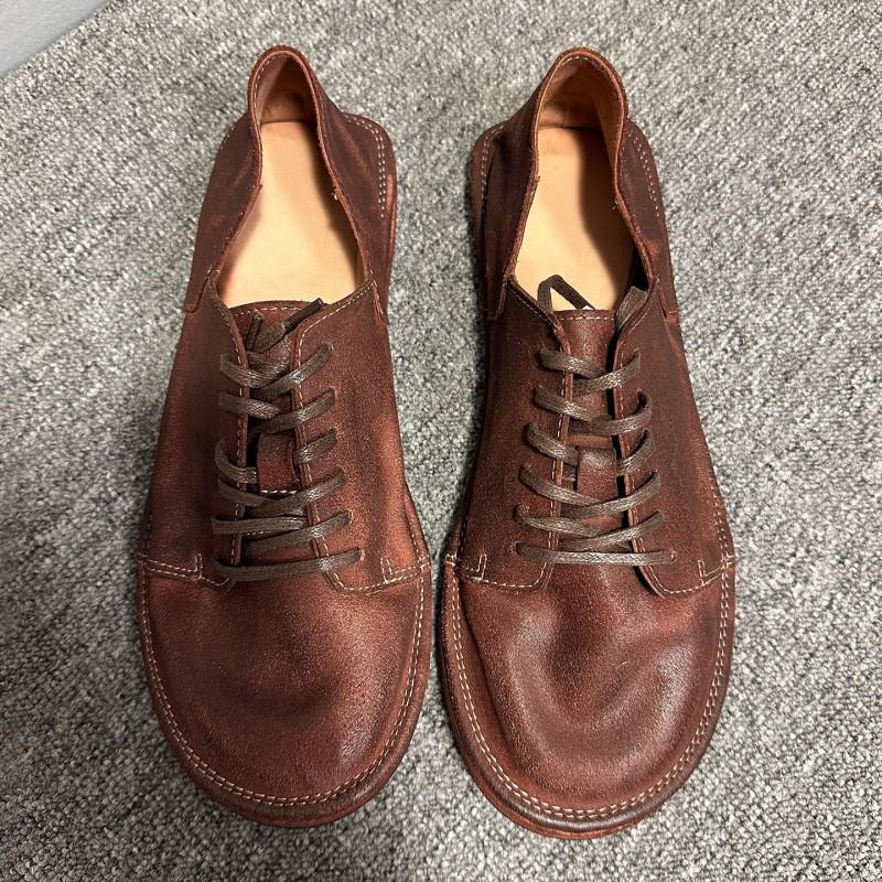 Mens Handcrafted Vintage Loafer Shoes With Suede Finish Genuine Horsehide Upper Round Toe Lace-Up Low Heel Leather Sole
