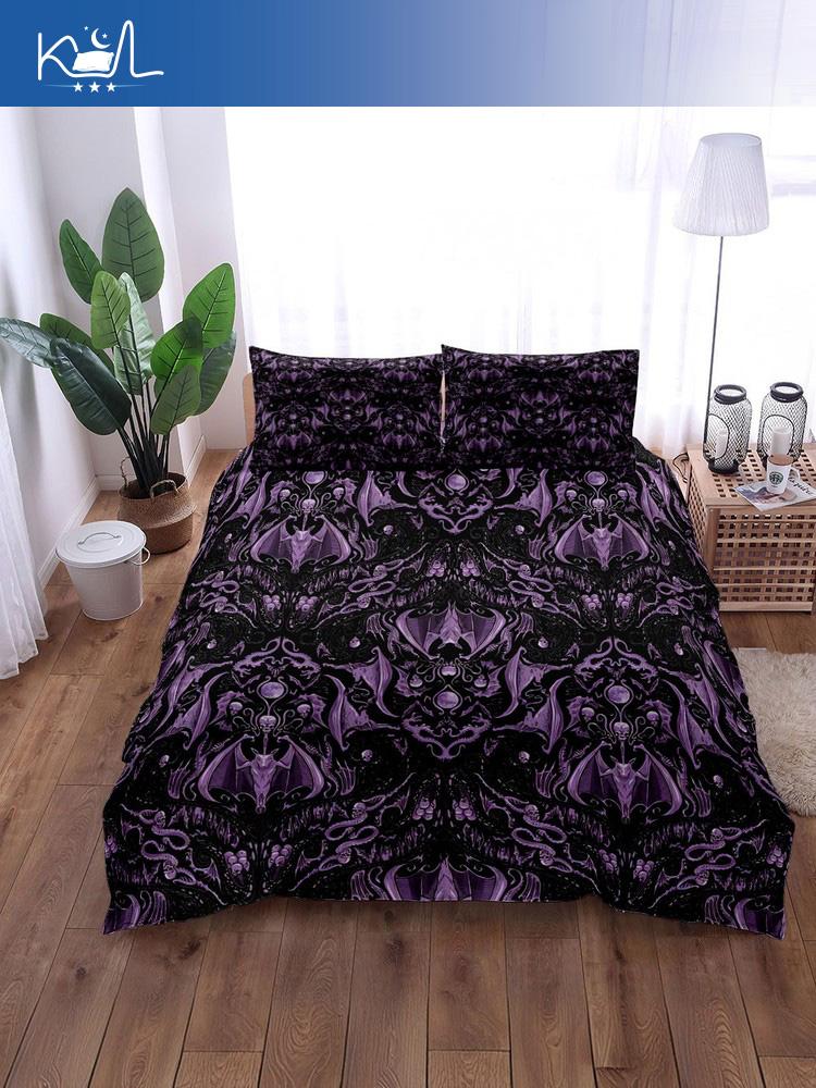 Gothic Bat Print 3 Piece Bedding Set, Dark Aesthetic Duvet Cover with Pillowcase, Creepy Halloween Home Textile for Bedroom Deco