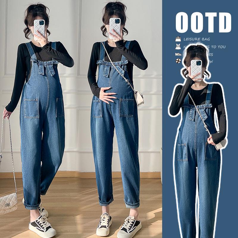 2026 Spring Maternity Casual Denim Overalls - Korean Style Loose Slimming Pants M