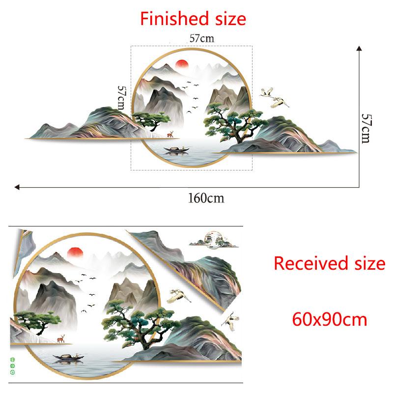Chinese Style Landscape Wall Sticker Green Mountains Pine Tree Mural for Living Room Tea Room Oriental Home Decor Classical Elegant Wall Art