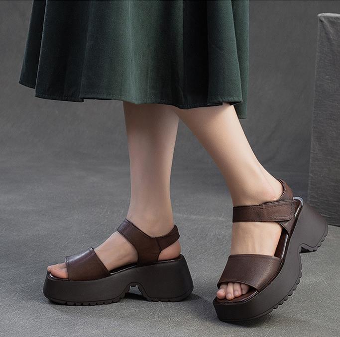 Fashion High Brand 7CM Cow Genuine Leather Sandals Boots Summer Women Hollow Pumps Peep Toe Flats Platform Wedge Booties Mary Jane Shoes