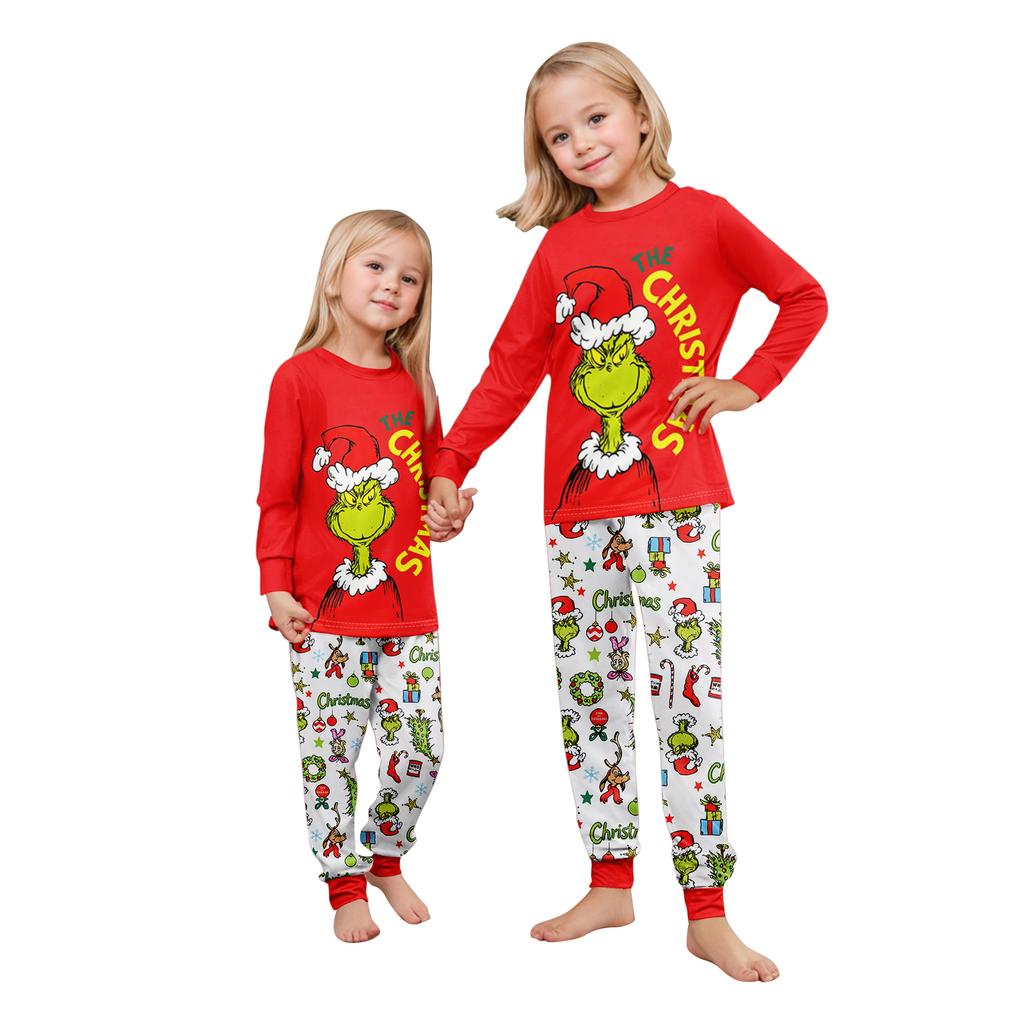 Matching Family Christmas Print Loungewear Set with Long Sleeve Neck Top and Pants for Parents and Kids