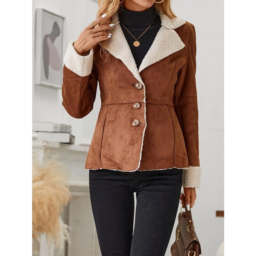 Faux Fur Button Front Thermal Jacket, Casual Long Sleeve Lapel Collar Outerwear for Fall & Winter, Women's Clothing