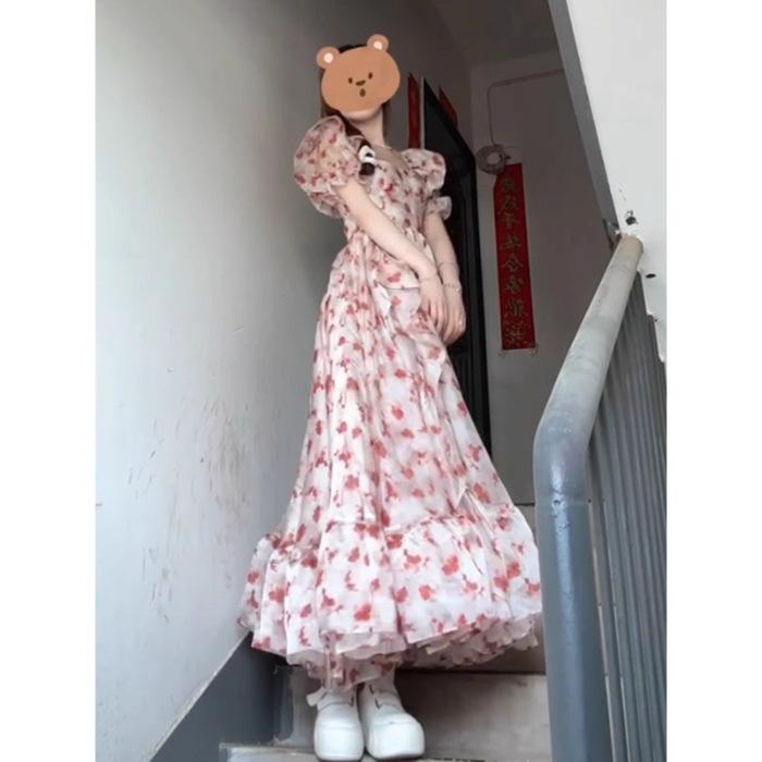 Elegant 2026 Women s Summer Tea Break French Pink Floral Dress - Long Fairy Skirt Large