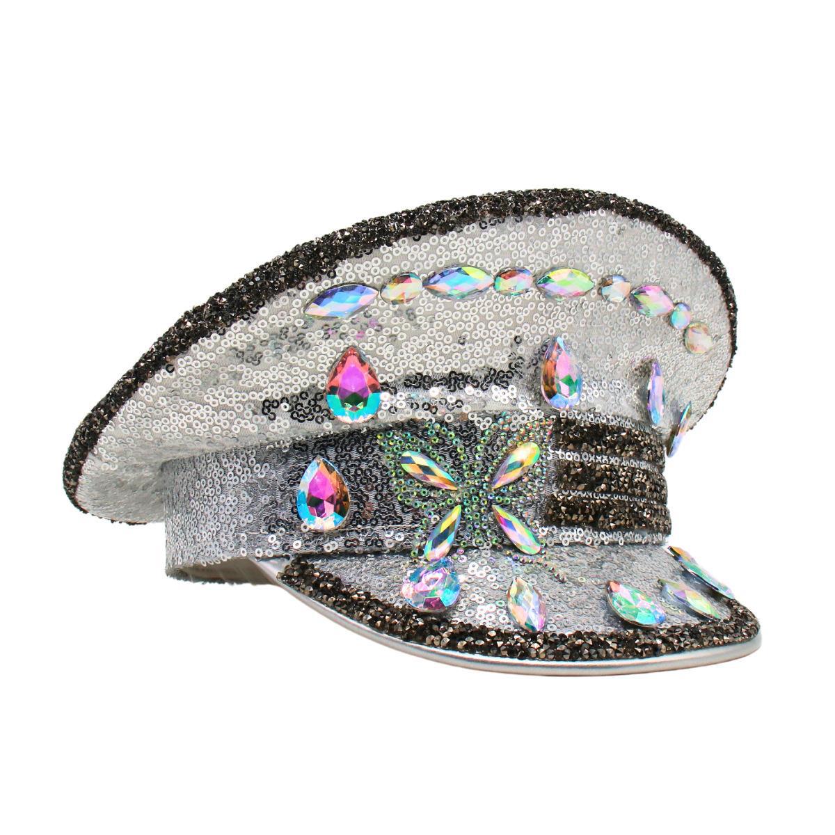 

Wedding Silver Sequins Handmade Diamonds Rhinestones Photo Shows Big Cap Ladies One size fits all срібний