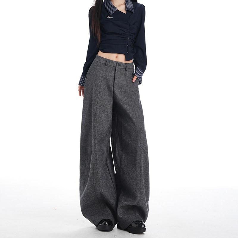 

Women s American Retro Gray Wool Wide-Leg Pants - Loose, Versatile, Floor-Length for Autumn/Winter 2025. XXXL сірий колір