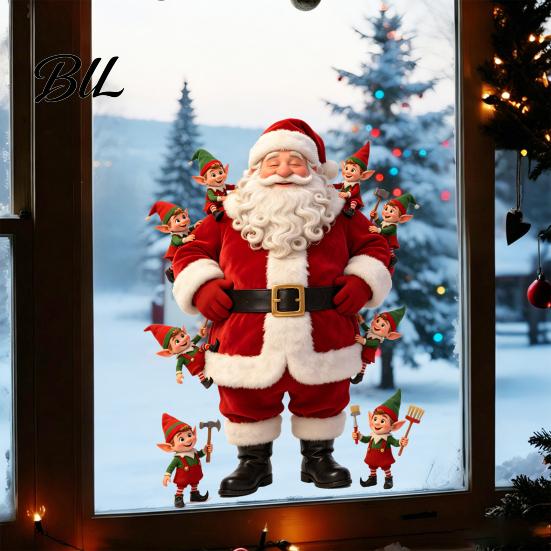 Decorative Glass Door Stickers Christmas Window Cling, Cute Santa Claus And Elf Boys Decal, PVC Festive Winter Holiday Reusable Static Sticker