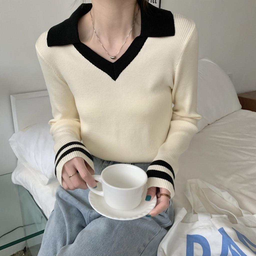Autumn and Winter Slim Fit Collar Temperament Commuting Versatile Base Knit Sweater Women's Top Slim Fit and Slimming Effect