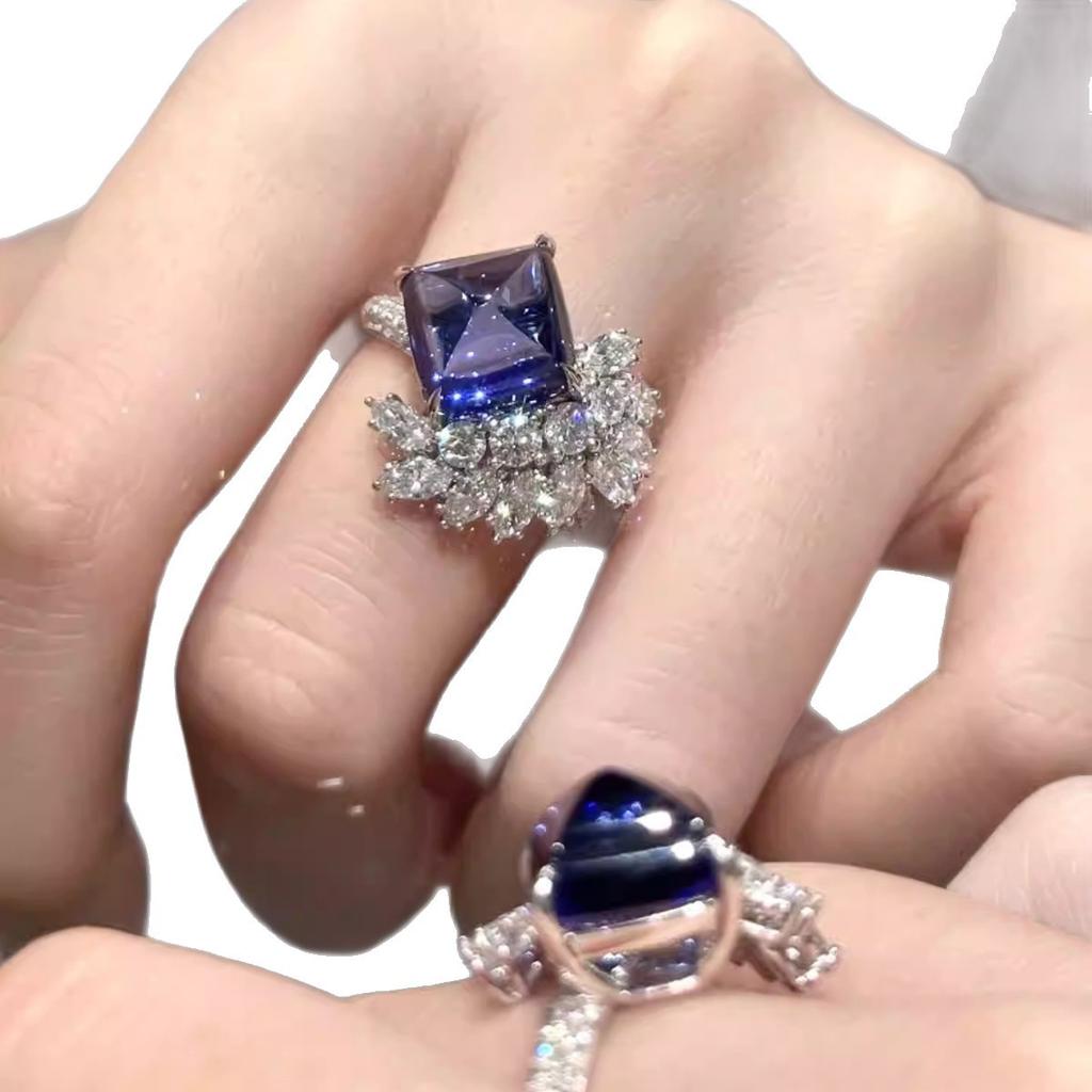 Retro court style square blue diamond grape open ring light luxury temperament high sense fashion versatile ring accessories